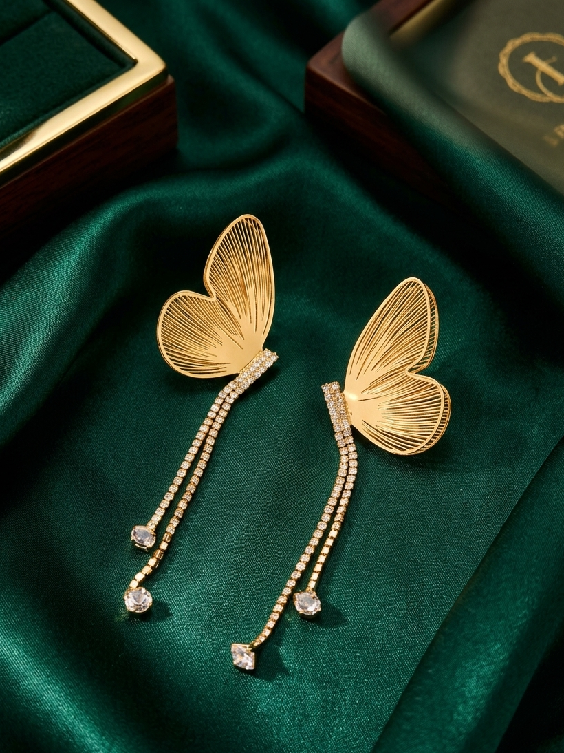 Golden Flutter Crystal Chain Statement Earrings