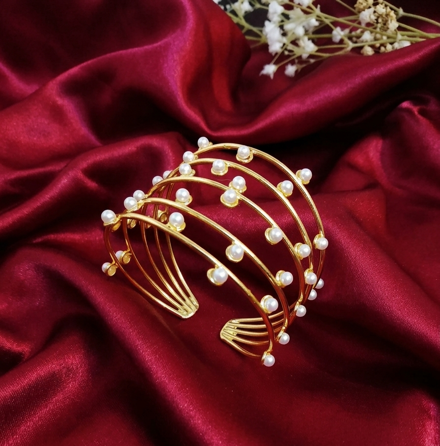 Gold-Plated Multi-Layer  Cuff Adjustable Bracelet with Scattered Pearls
